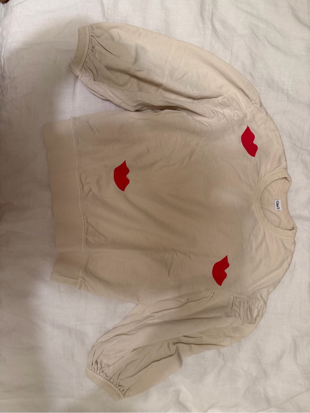 Clare V Cream Sweatshirt with Red Lip Motifs